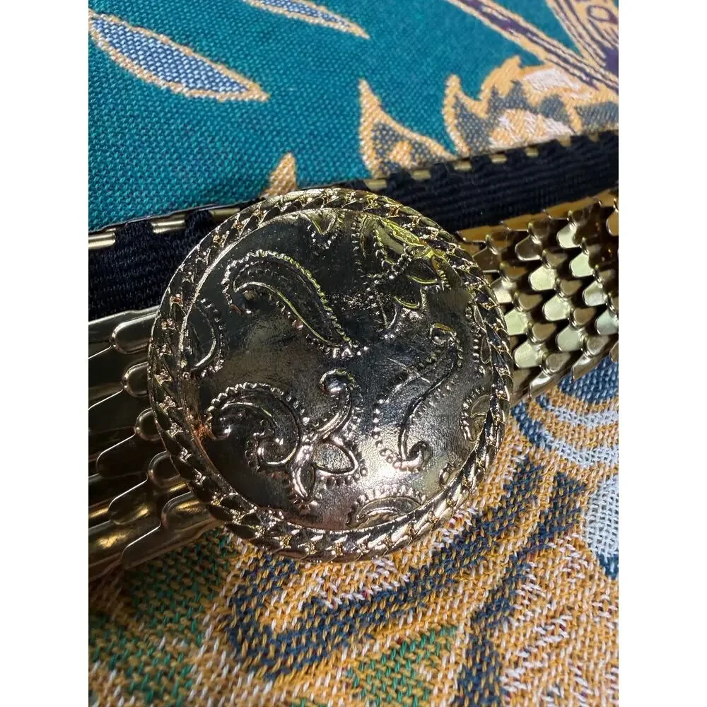 Retro 1990s Gold Tone Fish Scale Elastic Belt Textured Coin Buckle Wide Cinch